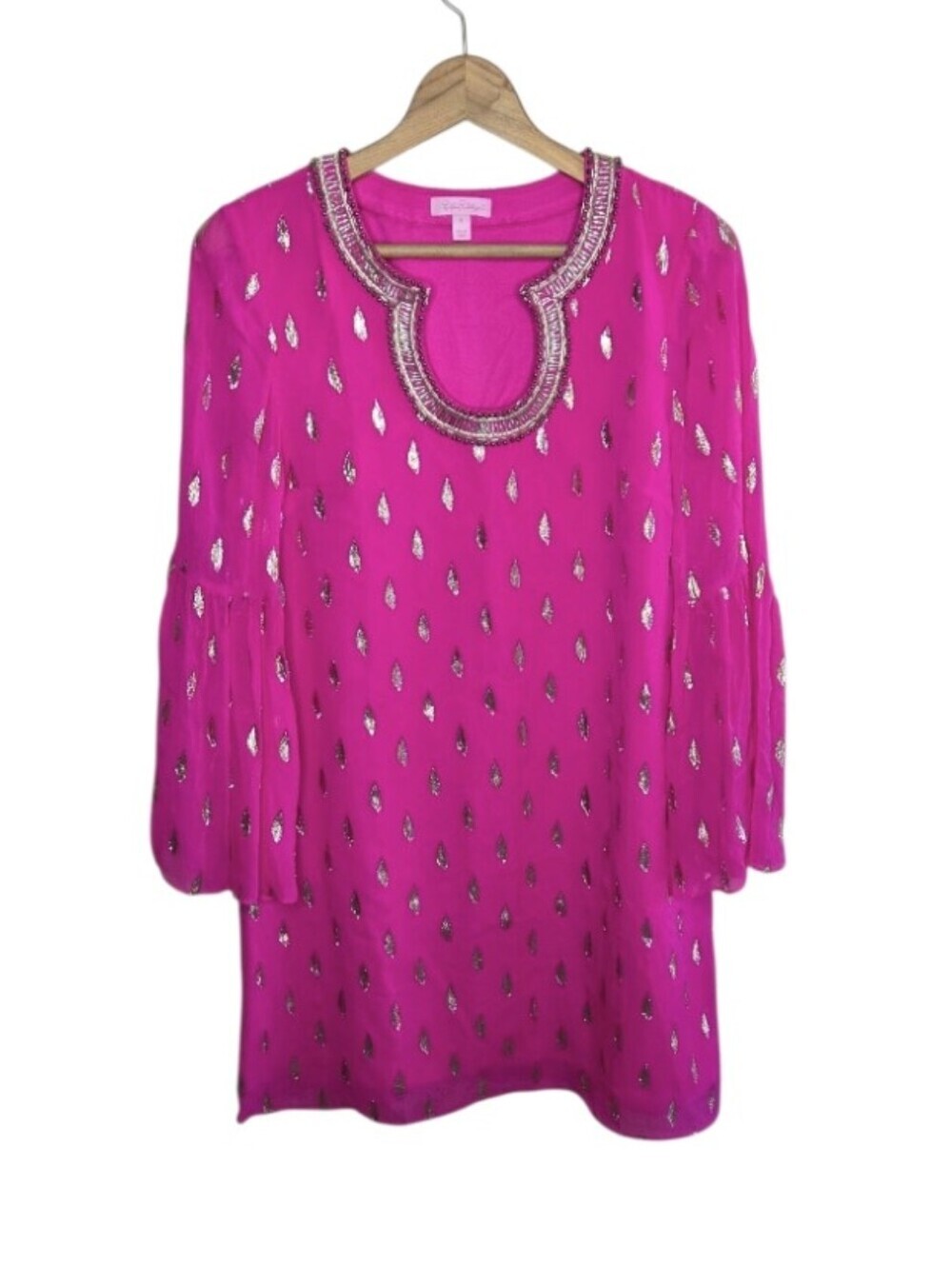 Lilly Pullitzer Amory Silk Dress Pink Gold Metallic Embellished Neckline Size 6